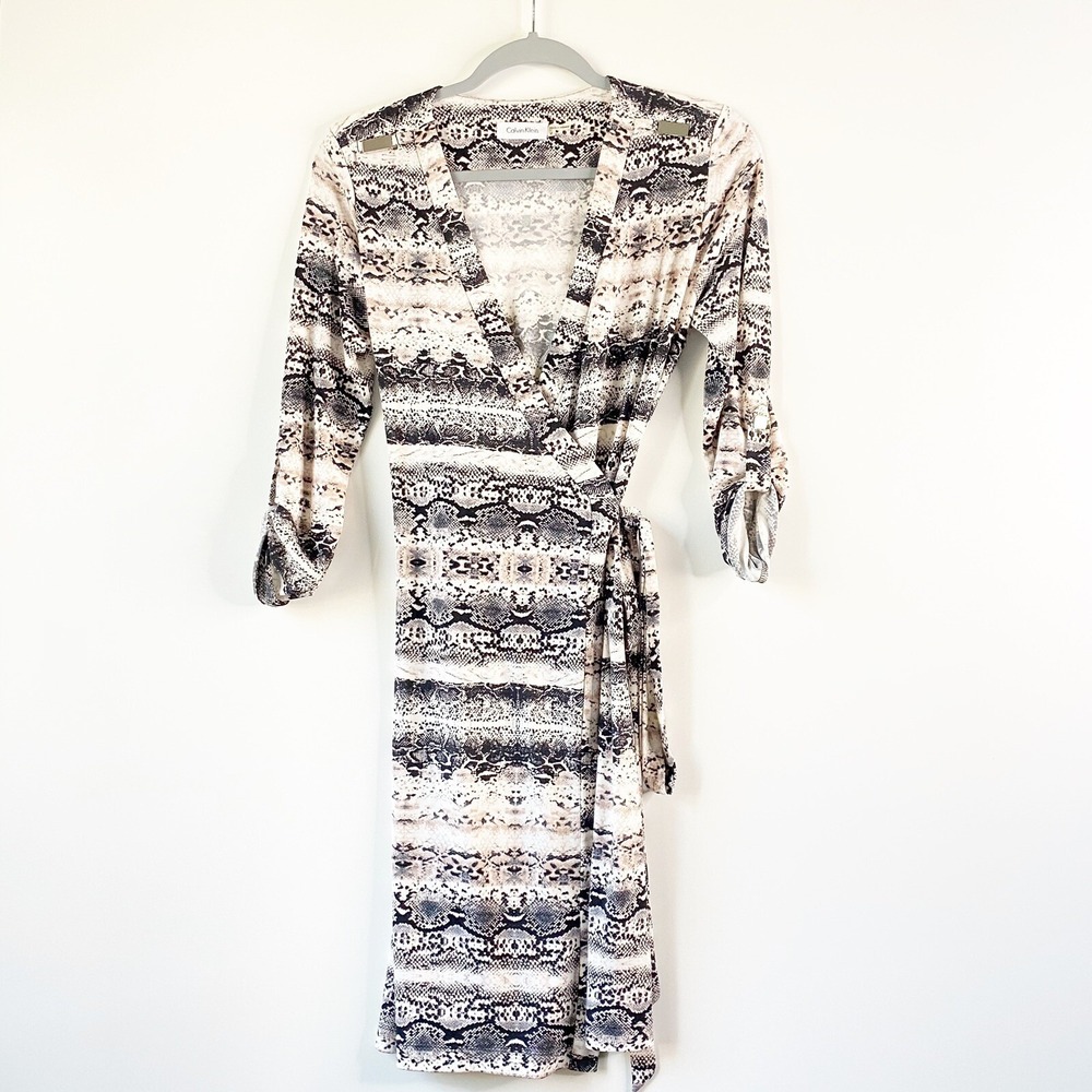 Calvin Klein Womens  Sz 4 Snakeskin Wrap Dress Tab Sleeve Black Pink Grey Work